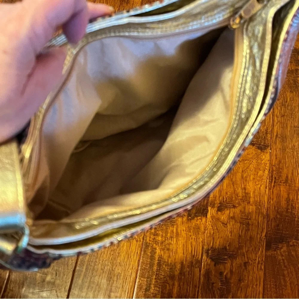 SAS Purse Patchwork Tapestry Gold Faux Leather Pockets Long Strap Vintage 90s